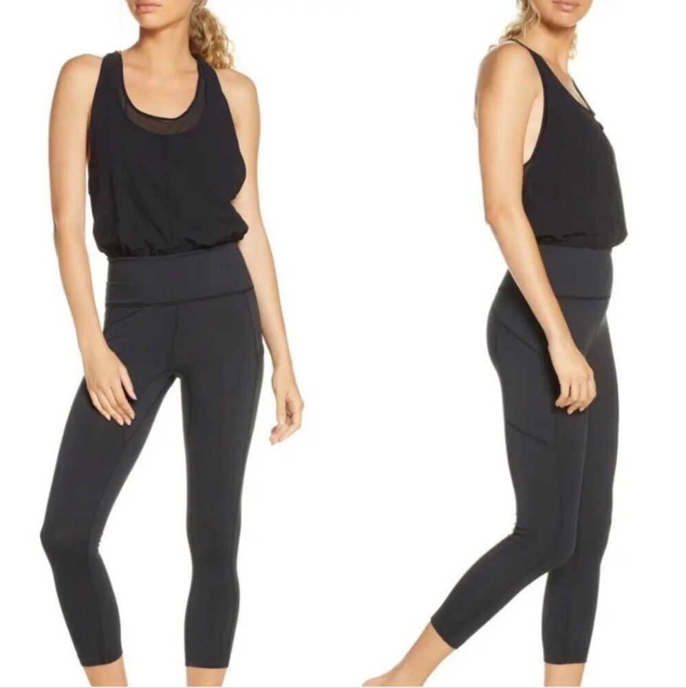 Free People Eye On The Prize One Piece Black Mesh Top‎ Legging Pocket S Jumpsuit